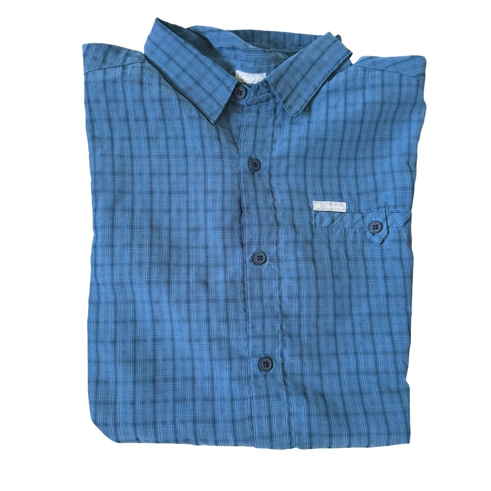 Columbia Button Up Shirt Mens L Blue Excellent Plaid Short Sleeve Regular Fit